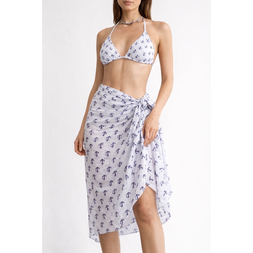 Nautical Anchor Sarong Wrap Scarf White Navy Sheer Coastal Beach Cover Up Resort